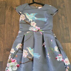 Ted Baker Zaldana Flight of the Orient Bird Dress 4 L Grey Gray